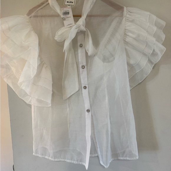 NWT WOWO White Sheer Blouse with Ruffle Sleeves - Picture 2 of 5